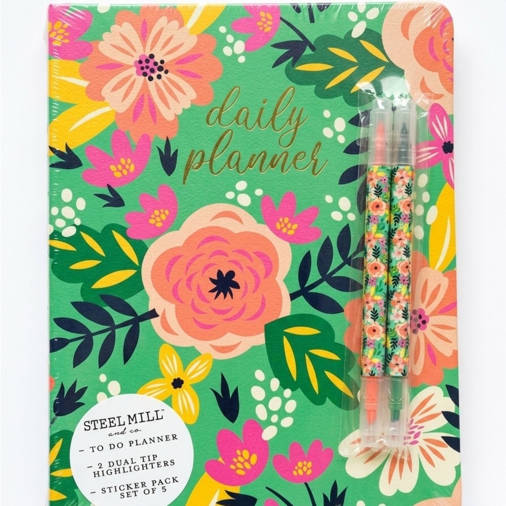 Steel Mill Daily Planner - Floral  Notebook Undated With Highlighters Stickers